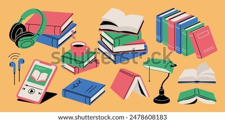 Vector illustration set of items related to books and audiobooks