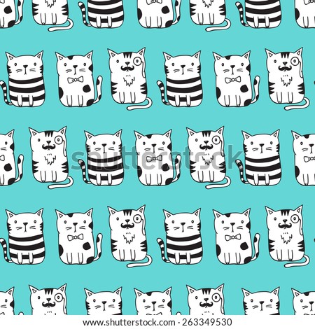 Cute vector cats seamless pattern. Cat pattern with light blue background. Funny doodle wallpaper
