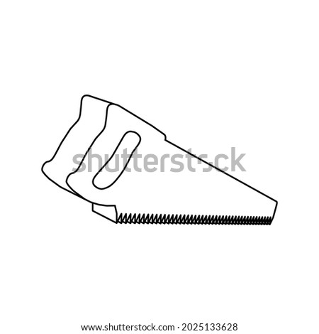 The outline of a large hand saw symbol is made with black lines. 3D view of the object in perspective. Vector illustration on white background