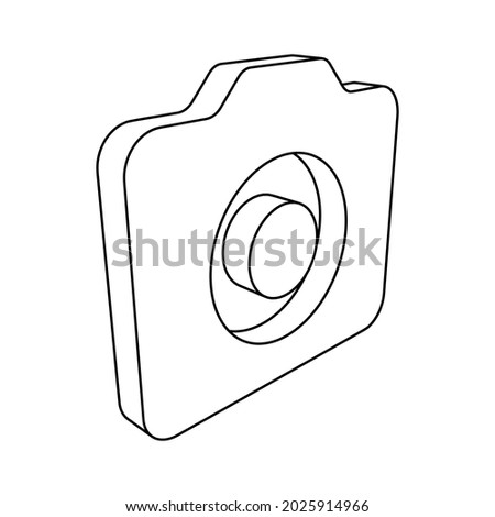 The outline of a large photo camera symbol is made with black lines. 3D view of the object in perspective. Vector illustration on white background