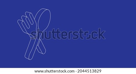 The outline of a large dinner time symbol made of white lines on the left. 3D view of the object in perspective. Vector illustration on indigo background