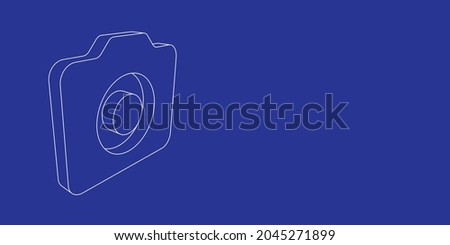 The outline of a large photo camera symbol made of white lines on the left. 3D view of the object in perspective. Vector illustration on indigo background