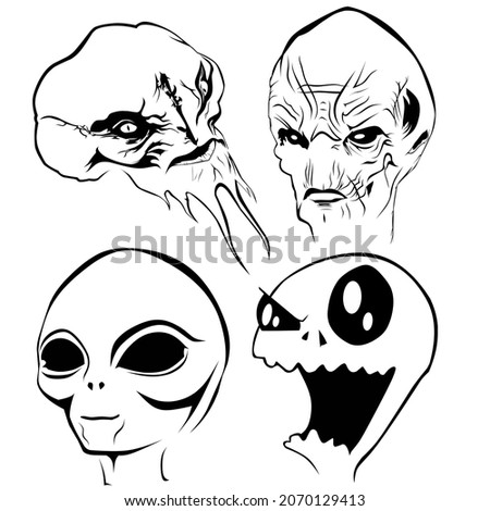 vector image of 4 alien heads with different races.