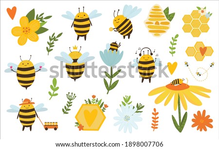 Bee bundle. Bee with honeycombs, flowers anf leave. Cute cartoon bee for kids, logo, textile, t shirt and other design.
