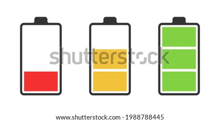 Set of three batteries with low, medium and high charge. Icons. Vector illustration.