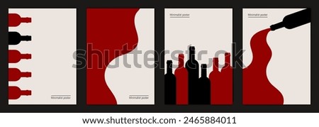 Set of vector illustrations with bottles of wine. Minimalist posters design in red and black colors.