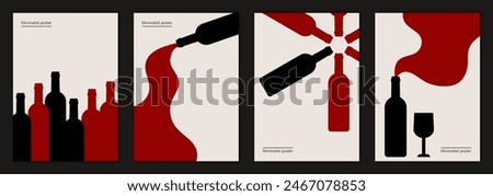 Set of vector illustrations with bottles of wine. Minimalist posters design in red and black colors.