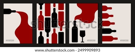 Vector illustration depicting bottles of wine. Set of minimalist posters design in red and black colors. Abstract wall art.