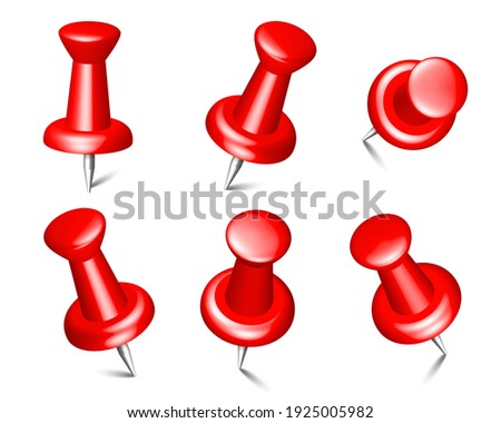 Collection of isolated red push pins. 3d thumbtacks set, sewing needles or tacks for paper and notes on white background in top view, front view, close up. Vector EPS10