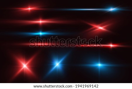 Set of realistic light glare, neon highlight. Collection of bright lens flares. Lighting effects of flash. Red and blue glitter shining stars, glowing sparks isolated on black background. Vector EPS10