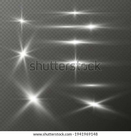 Set of realistic light glare, highlight. Collection of beautiful bright lens flares. Lighting effects of flash. Silver glitter shining stars, glowing sparks on transparent background. Vector EPS10