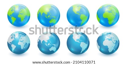 Globes showing earth with all continents. World map globe vector icons set