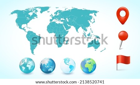 World map with pin pointer marks and 3D globe set. Earth travel and communication infographics elements for your design