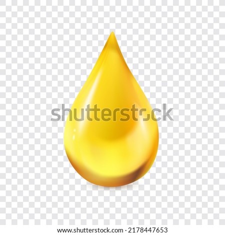 Oil drop vector illustration. Realistic golden droplet isolated on transparent background. Golden collagen essence, 3d vitamin icon. Healthcare and medicine concept. Illustration EPS10