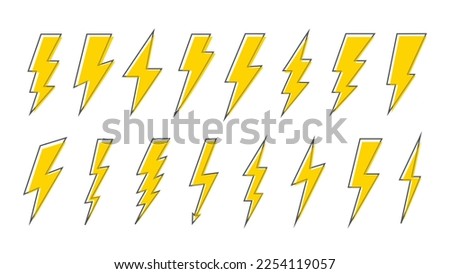 Lightning icons vector set. Thunder and Bolt. Flash icon. Lightning bolt yellow silhouette with black frame in cartoon style