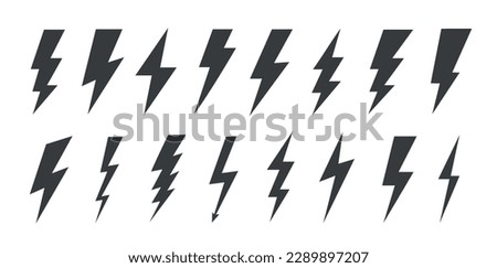 Lightning bolt icons set isolated on white background. Black flash symbol, thunderbolt vector illustration. Simple lightning strike sign