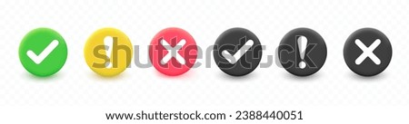 Check mark icons. Tick ​​sign, exclamation mark and cross icon. Yes and No symbols. Modern round badges on transparent background.  Vector illustration