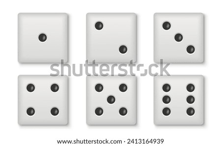 White dice set. Collection of dice cubes with numbers. Casino, lottery and gambling game elements. Top view icons. Realistic vector illustration