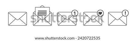 Vector mail envelope icon set with new message marker. Email letter notification with mark. Outline e-mail symbols