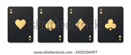 Four black aces playing card suits set. Golden hearts, spades, diamonds, clubs cards sign. A winning poker hand. Casino gambling concept. Vector illustration