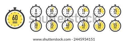 Timer, stopwatch icons. Clock with different minutes from 5 to 60. Countdown timer set. Delivery time meaning. Sport or cooking clocks. Vector illustration