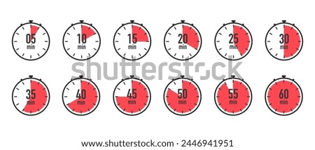 Timer, stopwatch icons. Clock with different minutes from 5 to 60. Countdown timer set. Delivery time meaning. Sport or cooking clocks. Vector illustration