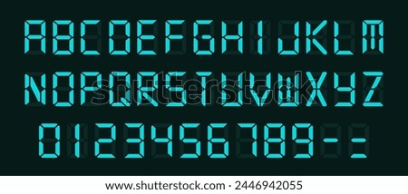 Blue Digital Display Font with Alarm Clock Letters, Electronic Alphabet, Retro Calculator Symbols, LCD Monitor Characters, and Scoreboard Digits. Vector EPS 10