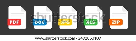 Document file icons. DOC, PDF, XLS, ZIP, JPG flat icon. Vector illustration