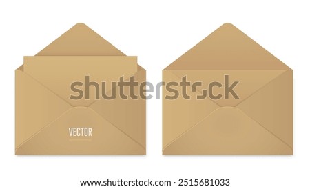 Craft paper opened envelope mockup template. Realistic brown envelope with empty letter for your design or business. Vector EPS 10