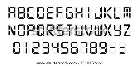 Digital Display Font with Alarm Clock Letters, Black Electronic Alphabet, Retro Calculator Symbols, LCD Monitor Characters, and Scoreboard Digits. Vector EPS 10