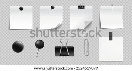 Realistic sticker set with paper clips and pins. Blank note pages. Sheets of paper with drawing pins, tape, staples, binder clip. Vector EPS 10