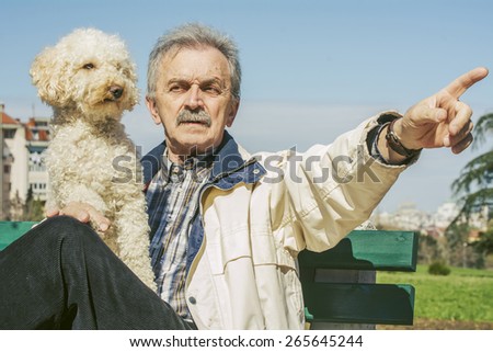 Old man showing something poodles