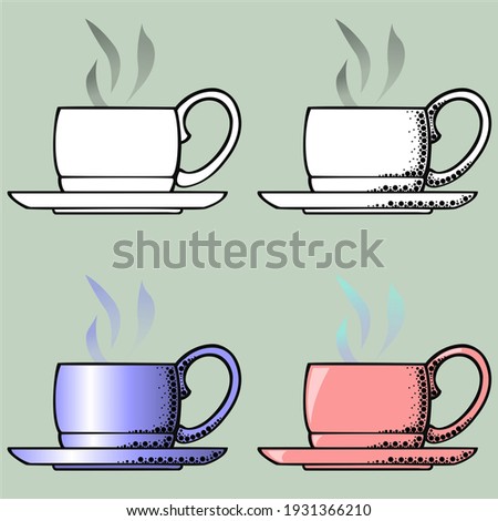 Vector illustration, cup set in black and white and color with and without texture