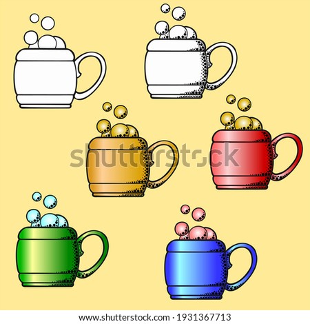 Vector illustration, Set of beer mugs in black and white and color with texture and without texture