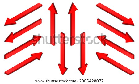 Set of red arrows with shadow in isometric view. Left, right, up, down. Vector illustration.