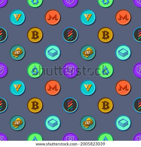 Seamless pattern of various cryptocurrency coins on a Shaumbray color background. Aeon, Lisk, Monero, PIVX, Rise, Stratis, XTRABYTES. Vector illustration.