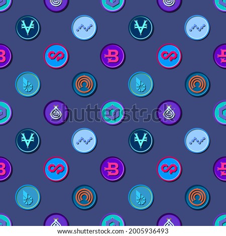 Seamless pattern of various cryptocurrency coins. NANO, DeepOnion, Viacoin, Neblio, Counterparty, CloakCoin, ByteCoin, BitShares .Vector illustration.