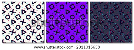 Seamless pattern with video game elements. Glitch style. Vector illustration.