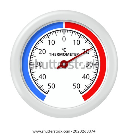 Round thermometer on white background. Temperature from minus 50 to plus 50 degrees Celsius. Vector illustration.