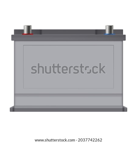 Car battery front view isolated on white background. Battery in gray tones. Vector illustration.