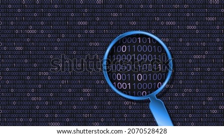 Scanning inside binary code with magnifying glass. Code search template. Code concept. Search concept. Vector illustration.