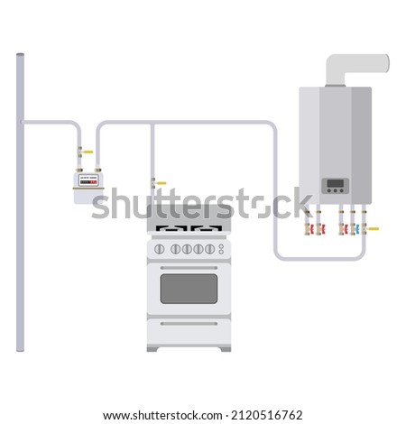 Gas equipment connection diagram. Connecting gas meter, gas stove and gas heater. Vector illustration.