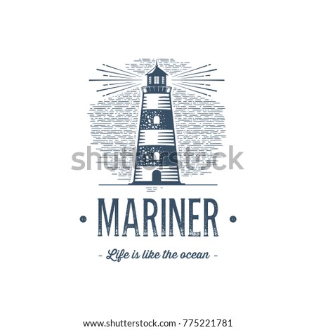 Mariner emblem. Lighthouse Design Element in Vintage Style for Logo or Badge Retro vector illustration. Vector illustration.