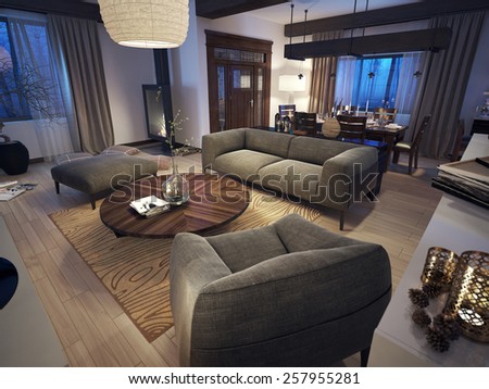 Lounge room in rustic style, 3d image