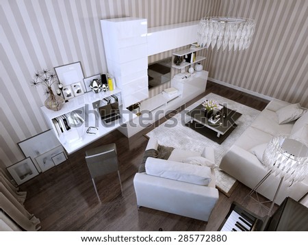 Bright living room modern design, with modern furnishings and bright striped wallpaper on the walls. 3d render.