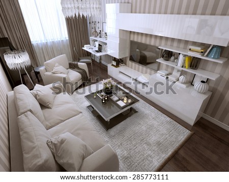 Bright living room modern design, with modern furnishings and bright striped wallpaper on the walls.