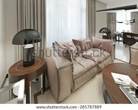 Comfortable leather sofa in a modern style. With Nightstands and trendy desktop lampasmi black. 3d render.