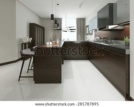 Interior of modern kitchen with bar and bar stools. Kitchen furniture wood with metal inserts in brown and gray tones. 3d render.