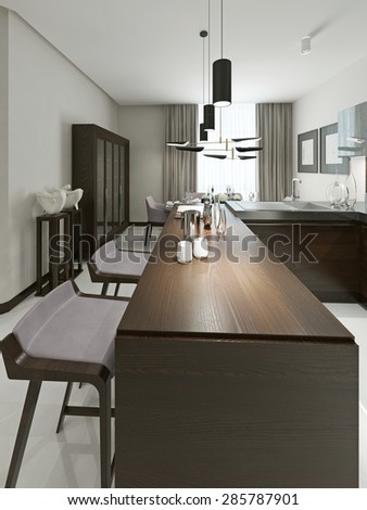 Interior Contemporary kitchen with bar and bar stools. Kitchen furniture wood with metal inserts in brown and gray tones. 3d render.