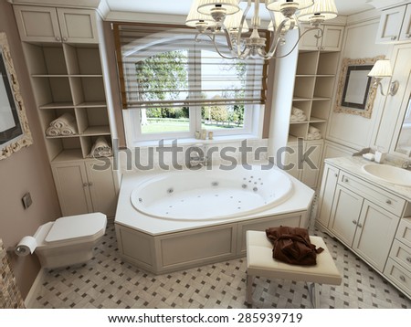Luxury bathroom in classical style with white furniture and brown walls. 3d render.
